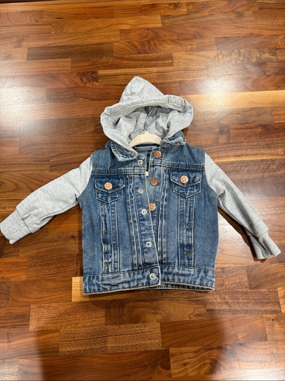 Little Bipsy Blue Denim Jacket with Gray Hooded Knit Sleeves